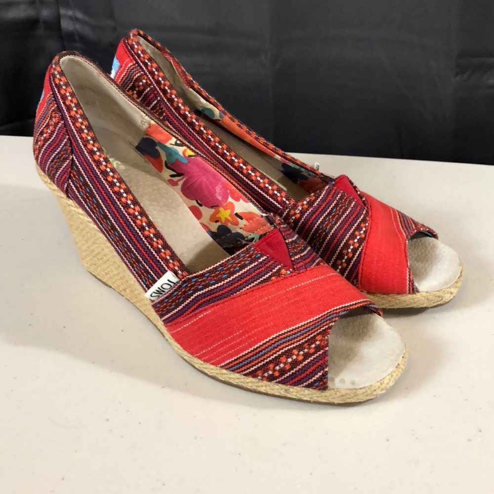 Toms Red & Multicolor Striped Espadrille Wedges